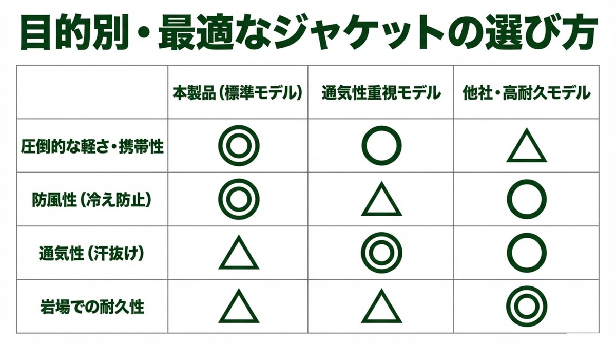 目的別・最適なジャケットの選び方 圧倒的な軽さと携帯性を持つ標準モデル、通気性重視モデル、岩場での耐久性に優れた他社モデルの機能を比較した表