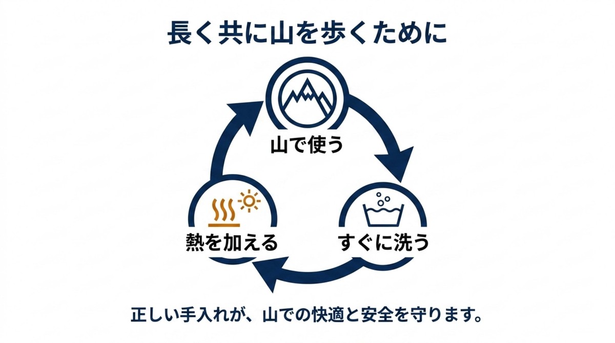 山で使う、すぐに洗う、熱を加えるというレインウェアを長く愛用するための基本サイクル