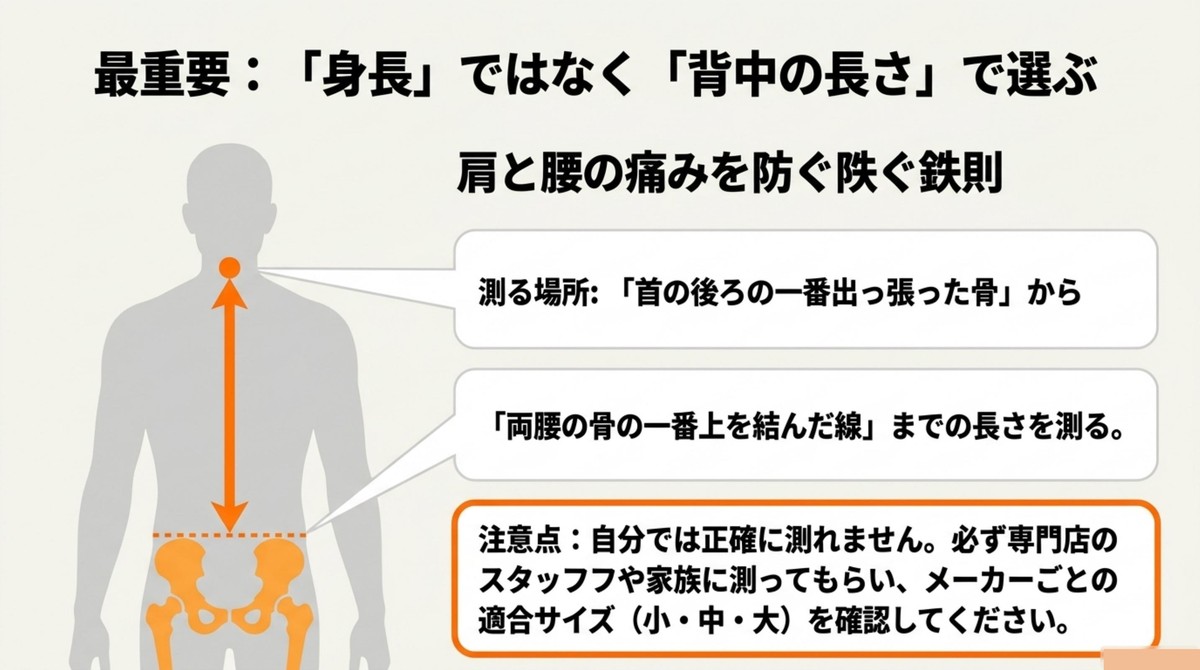 身長ではなく背中の長さで選ぶための背面長の正しい測り方