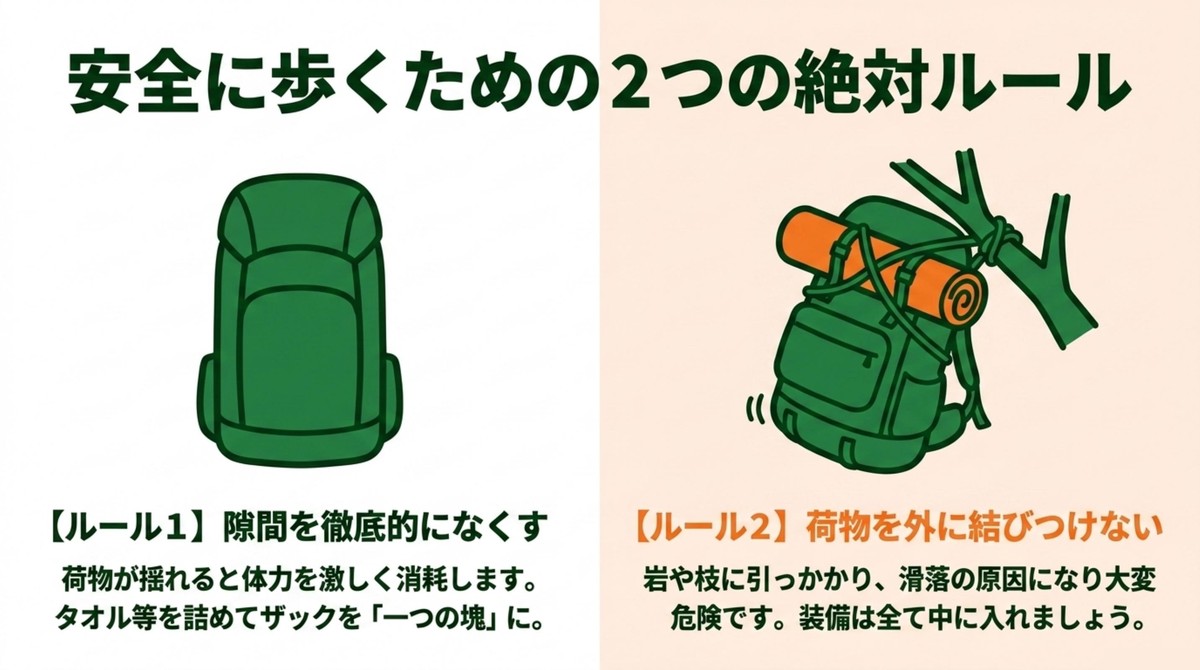 滑落の危険も!やってはいけないNGパッキングと安全ルール ザックの隙間をなくし外付けを避ける安全歩行の絶対ルール