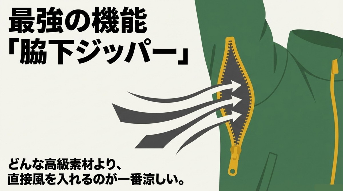 脇下ジッパー（ベンチレーション）による直接的な換気機能の解説