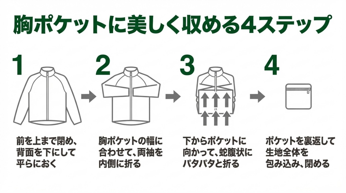 胸ポケットに美しく収める4ステップ 前を閉めて平らに置き、両袖を内側に折り、下から蛇腹状に折ってポケットに包み込む4つの手順