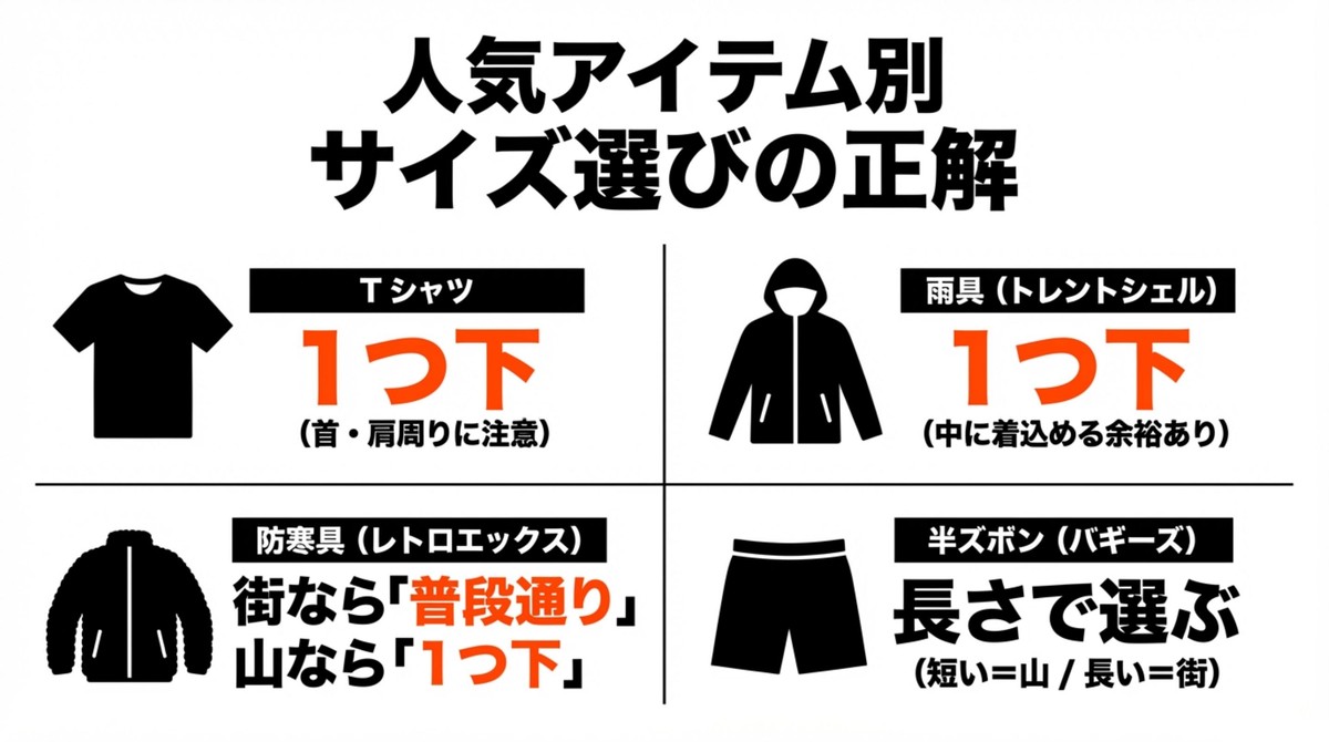 人気アイテム別 サイズ選びの正解 Tシャツや防寒具、雨具などの人気アイテム別サイズ選び