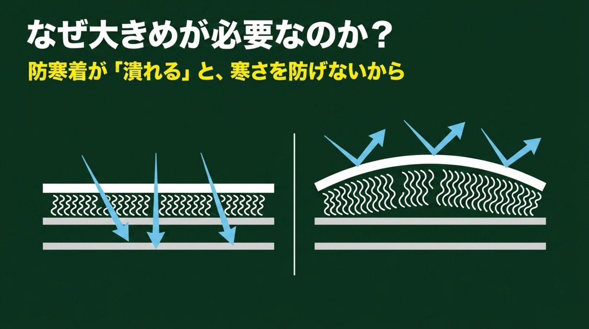 防寒着が潰れると寒さを防げないため大きめが必要 [cite: 6, 7]