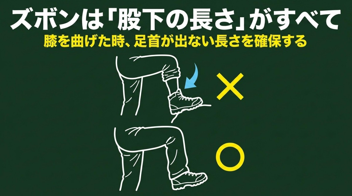 ズボンは股下の長さがすべて。膝を曲げた時、足首が出ない長さを確保する [cite: 15, 16]