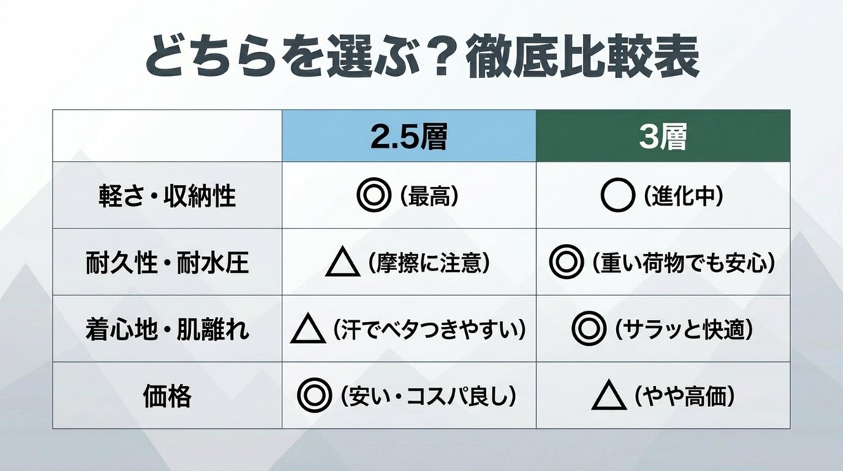 2.5層と3層の軽さ、耐久性、着心地、価格の徹底比較表