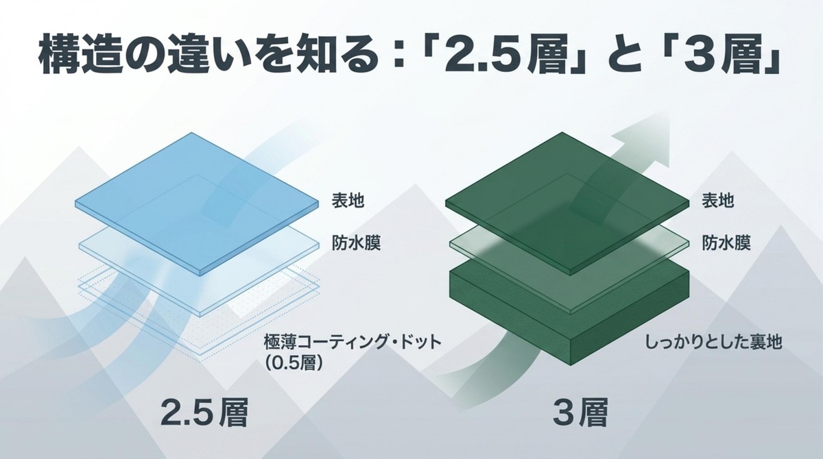 レインウェアの2.5層と3層の構造の違いを示す図解