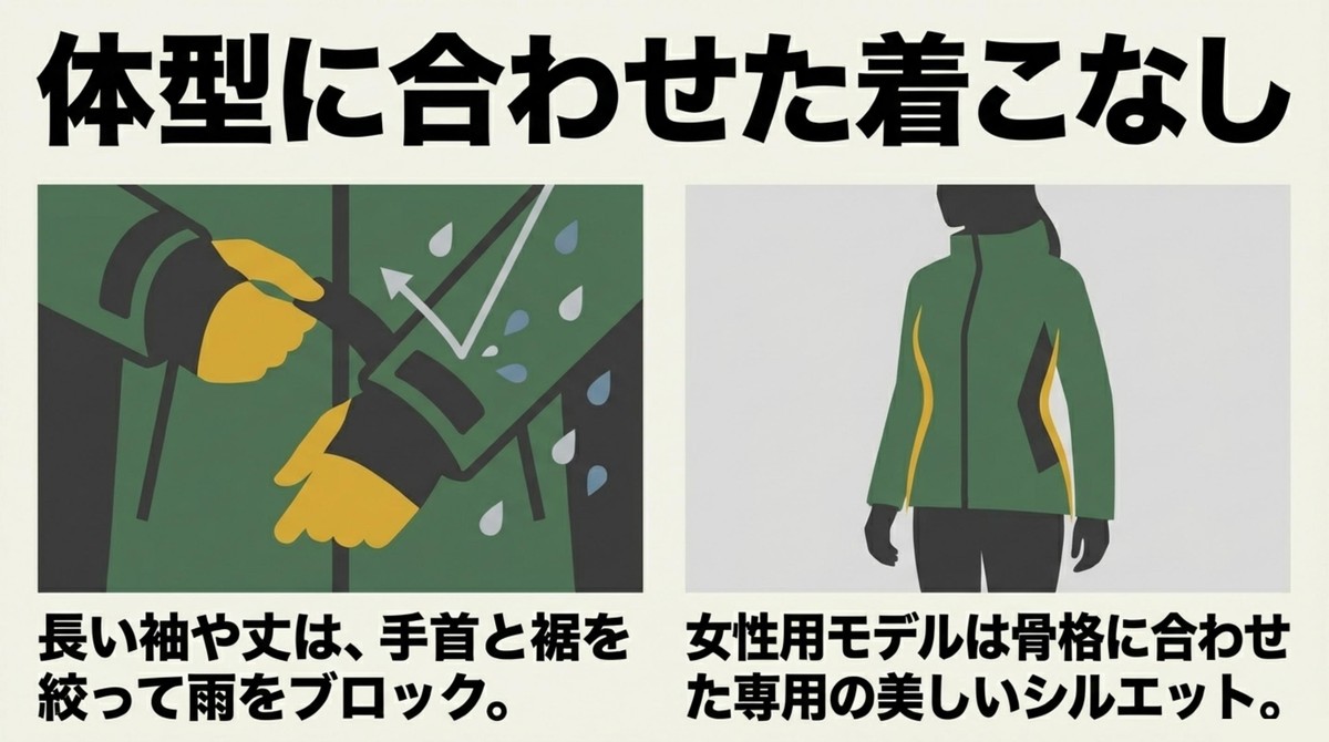 手首と裾を絞って雨をブロックする着こなしと、女性用モデルのシルエット