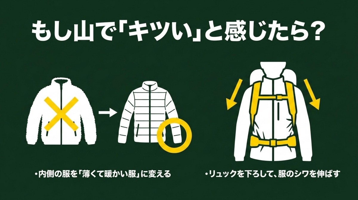 山でキツいと感じたら、内側の服を薄くて暖かい服に変えるか、リュックを下ろしてシワを伸ばす [cite: 43, 44, 45]