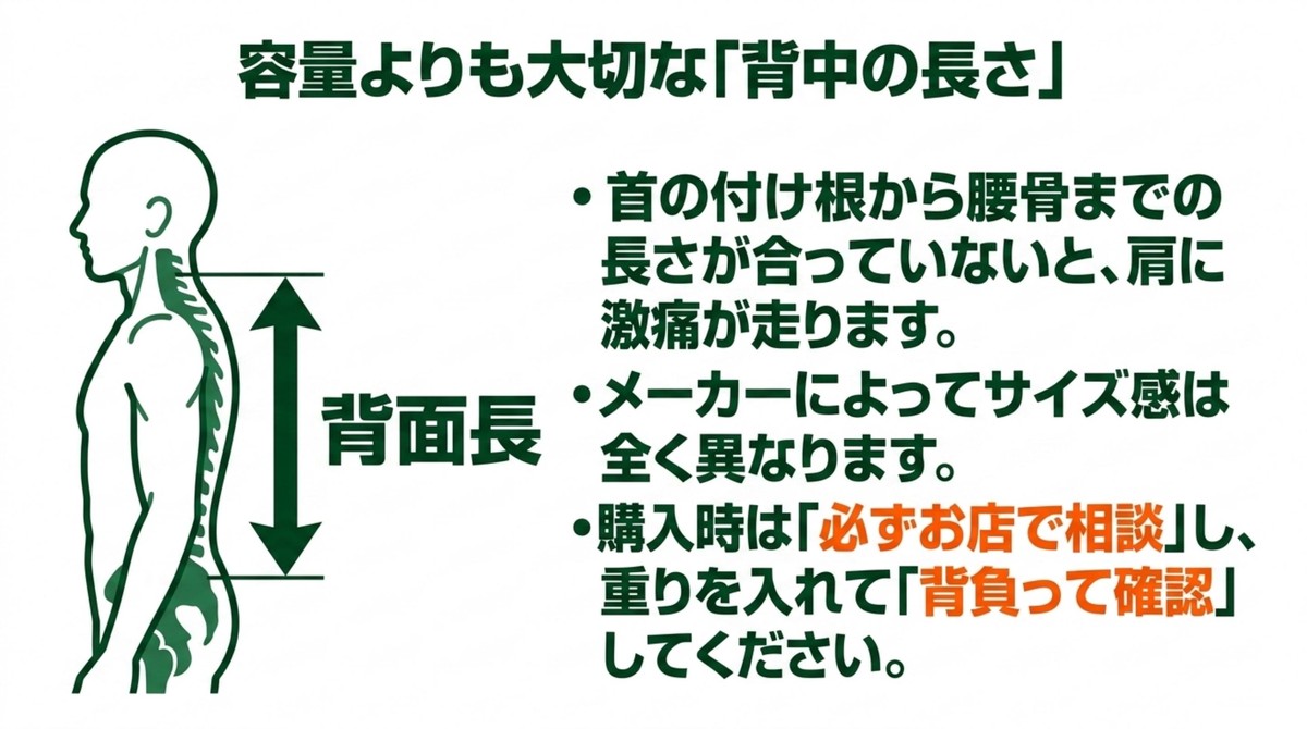 肩の痛みを防ぐ!最も重要な「背面長」の合わせ方 ザック選びで容量より重要な背面長の図解