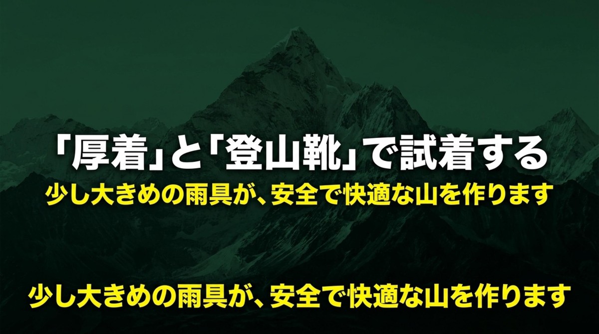 厚着と登山靴で試着する。少し大きめの雨具が安全で快適な山を作ります [cite: 47, 48]