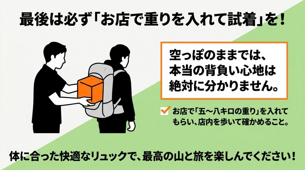 お店で5〜8キロの重りを入れて実際にリュックを試着する様子