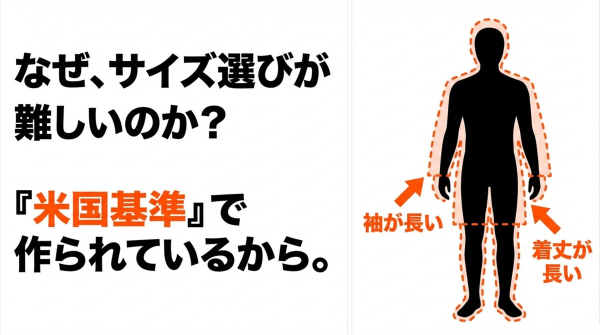 なぜ、サイズ選びが難しいのか? 米国基準で作られているため袖や着丈が長い