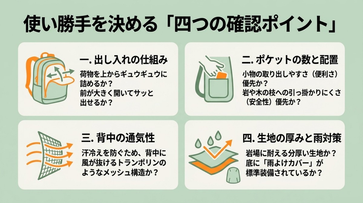 リュックの使い勝手を決める4つの確認ポイント（出し入れ、ポケット、通気性、雨対策）