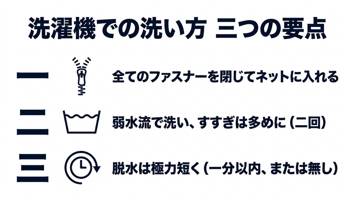 ファスナーを閉じる、弱水流で洗う、脱水を短くするといった洗濯機での洗い方の3つの要点