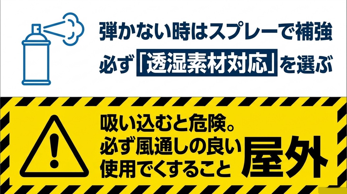 透湿素材対応の撥水スプレーの選び方と、吸い込み防止のために必ず屋外で使用する警告