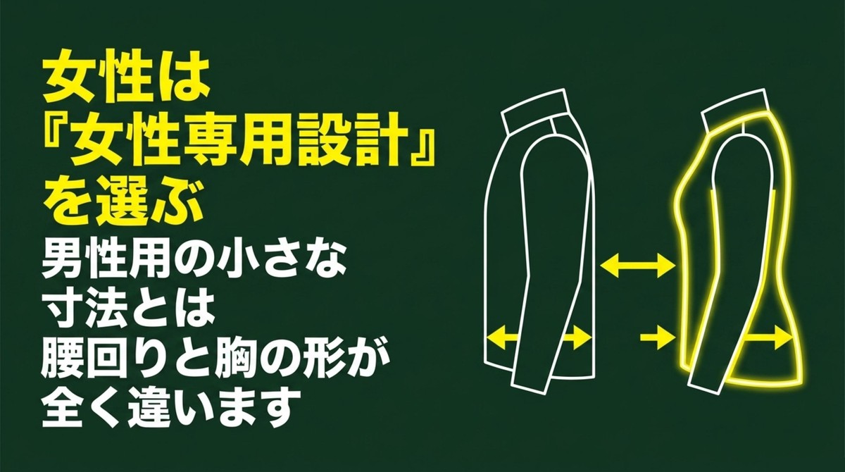 女性は女性専用設計を選ぶ。男性用の小さな寸法とは腰回りと胸の形が全く違います [cite: 24, 25, 26, 27, 28, 29, 30]