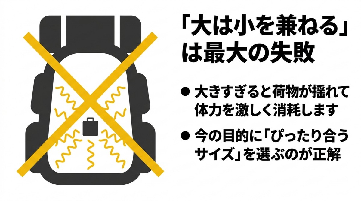 大きすぎるリュックは体力を消耗するという注意喚起