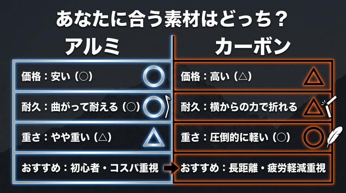 あなたに合う素材はどっち?アルミとカーボンの比較 価格、耐久性、重さの3つのポイントでアルミとカーボンを比較した表