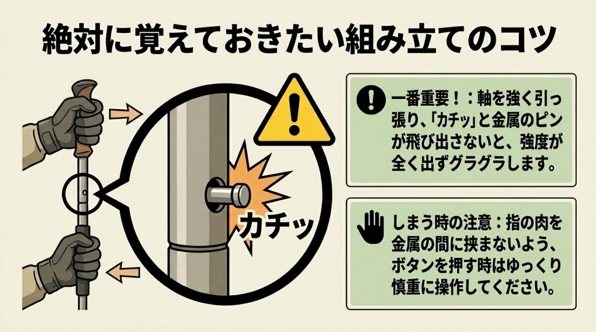 「カチッ」と金属のピンが飛び出すまで軸を強く引っ張る組み立てのコツ [cite: 35, 38, 39]