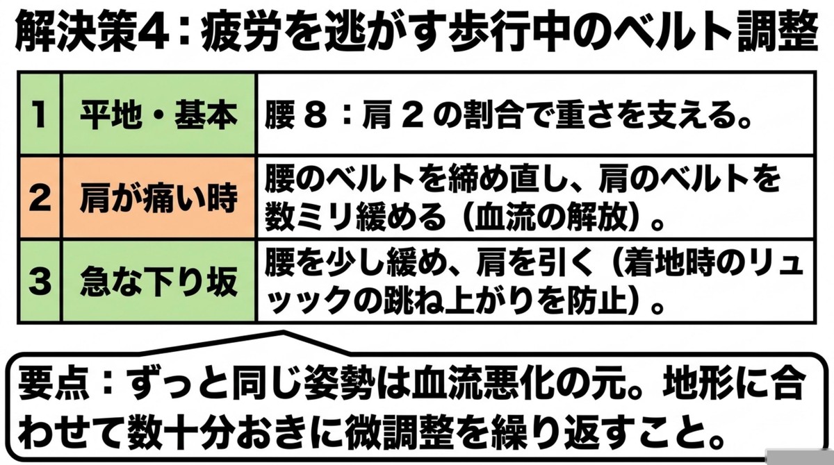 歩きながらできる!疲労分散のテクニック 疲労を逃がす歩行中のベルト調整