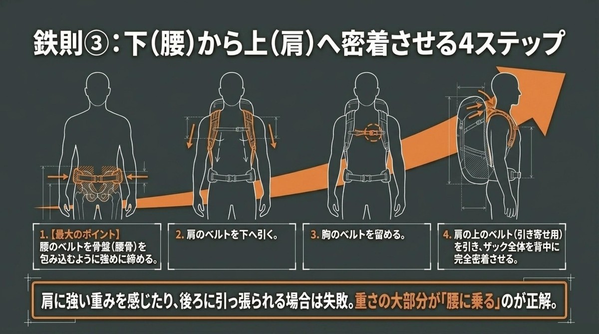 下から上へザックを密着させる4ステップ [cite: 34]