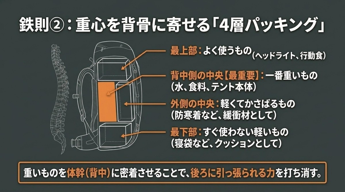 重心を背骨に寄せる4層パッキングの図解 [cite: 26]
