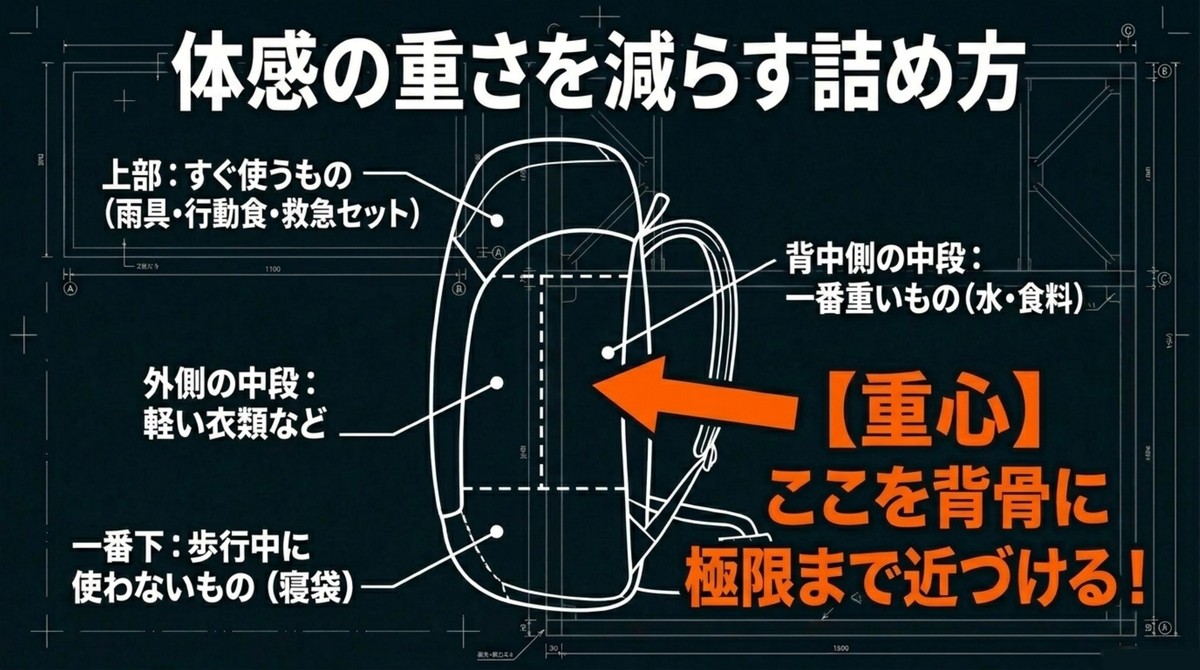 体感の重さを減らす詰め方。上部はすぐ使うもの、一番下は使わないもの、背中側の中段は一番重いものを入れ、重心を背骨に極限まで近づける [cite: 65, 66, 73, 77, 78, 79, 80]