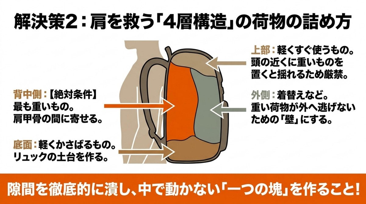 負担を劇的に減らすパッキング術 肩を救う4層構造の荷物の詰め方