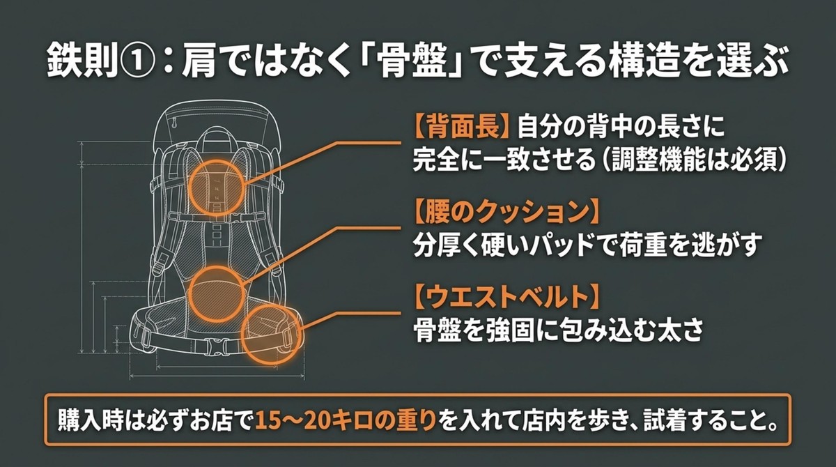肩ではなく骨盤で支えるザックの構造と背面長やウエストベルトの重要性 [cite: 17, 18, 22]