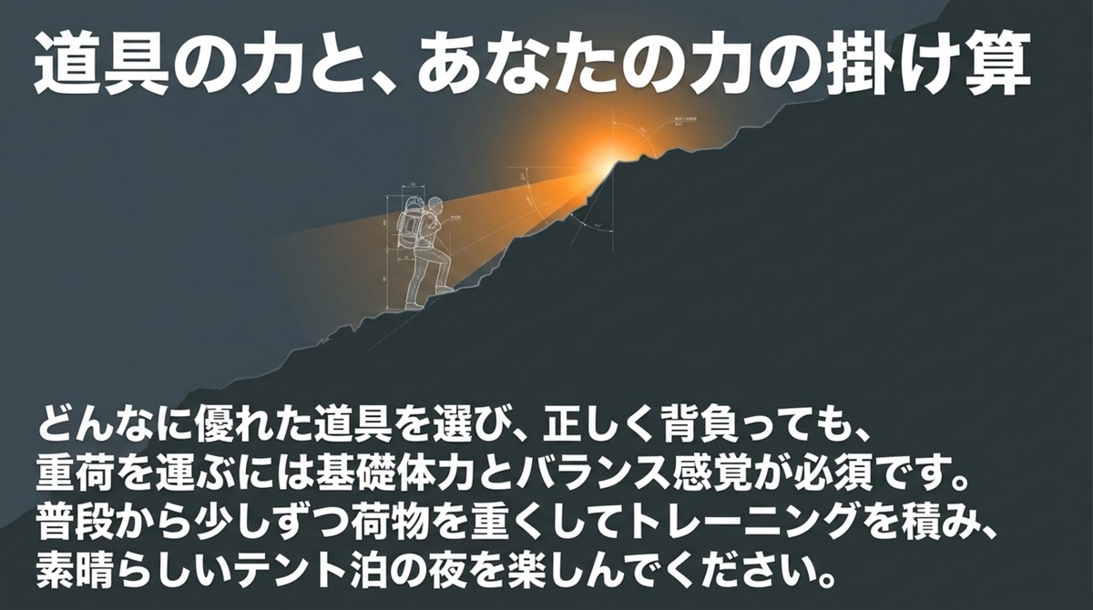 道具の力とあなたの力の掛け算による登山の基礎体力の重要性 [cite: 53, 54]