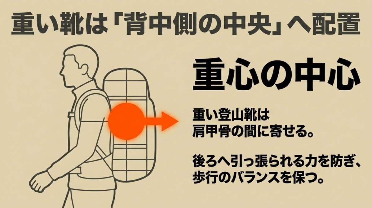 歩行バランスを保ち後ろへ引っ張られる力を防ぐため、重い登山靴はザックの背中側の中央である肩甲骨の間に配置する [cite: 42, 44, 45, 46]