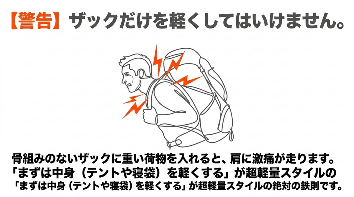骨組みのないザックに重い荷物を入れると、肩に激痛が走ります [cite: 17]