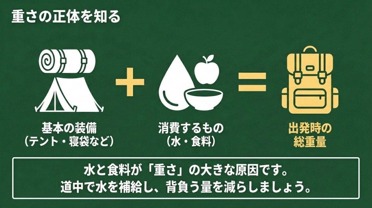 重さの正体を知る!総重量の計算式 基本の装備に水や食料などの消費するものを足したものが総重量になるという図解