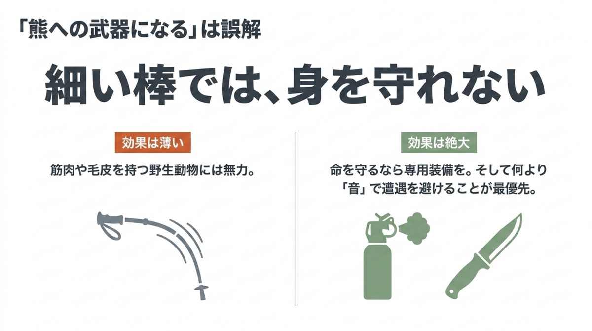 細い棒では身を守れないことと専用装備の重要性の解説 [cite: 37, 38]