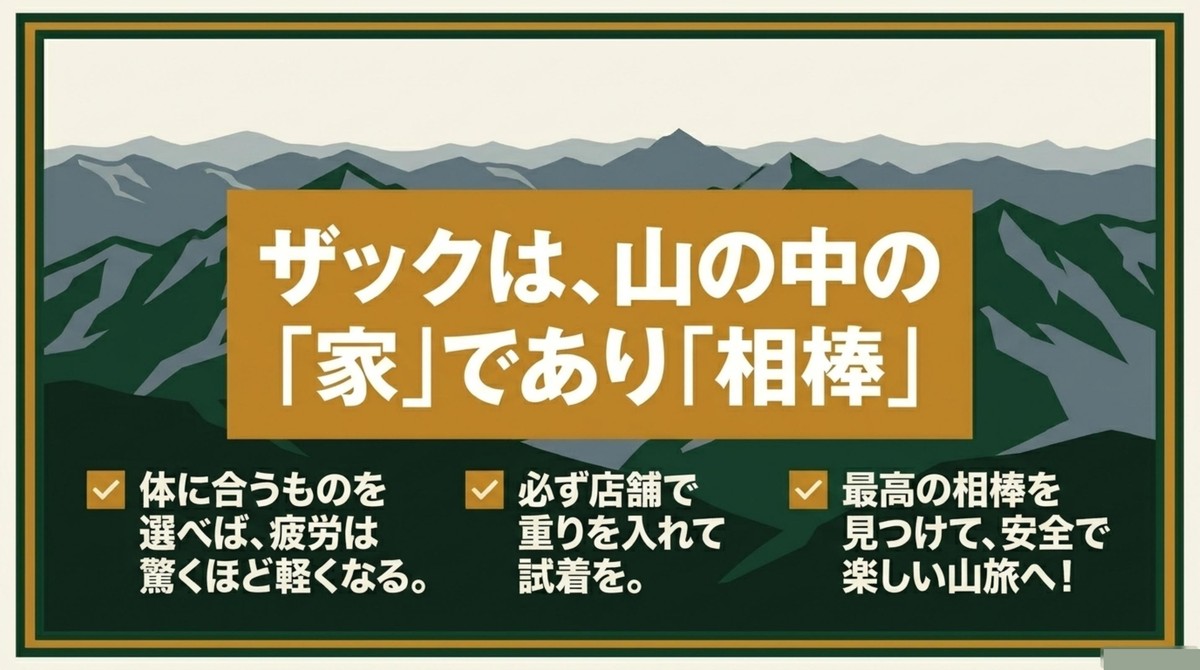 ザックは、山の中の「家」であり「相棒」 店舗での試着を推奨し、自分に合う最適なザックで安全な山旅へ導くメッセージ