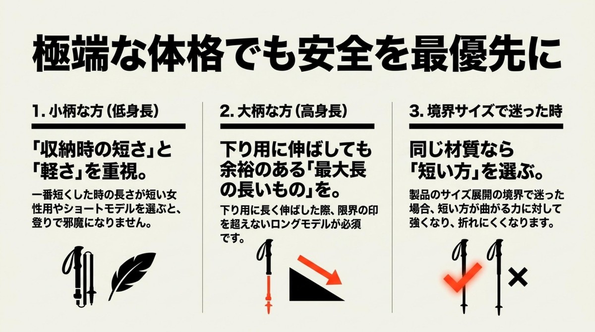 極端な体格でも安全を最優先に選ぶコツ 小柄な方や大柄な方など、体格に合わせた安全なポールの選び方