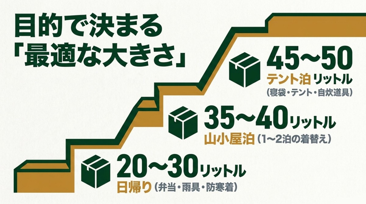 目的で決まる「最適な大きさ」 テント泊、山小屋泊、日帰りなど、目的別に必要なザック容量の目安