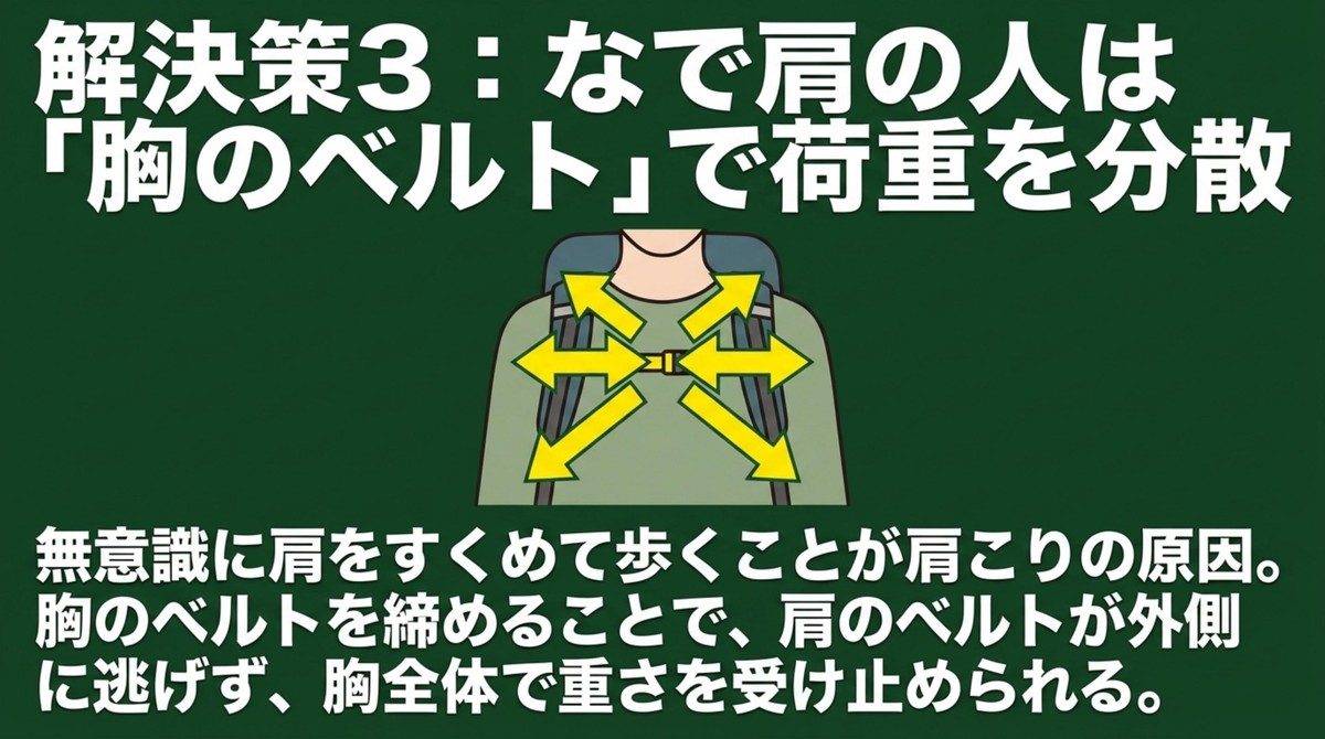 なで肩必見!チェストベルトの活用法 なで肩の人は胸のベルトで荷重を分散する