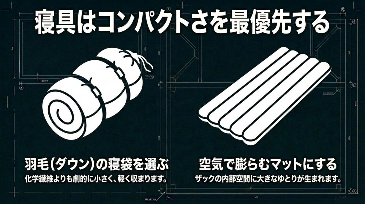寝具はコンパクトさを最優先する。羽毛の寝袋を選び、空気で膨らむマットにする。 [cite: 94, 96, 98]