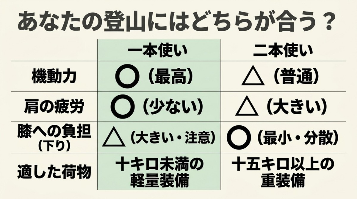 1本使いと2本使いの機動力や膝への負担の比較表