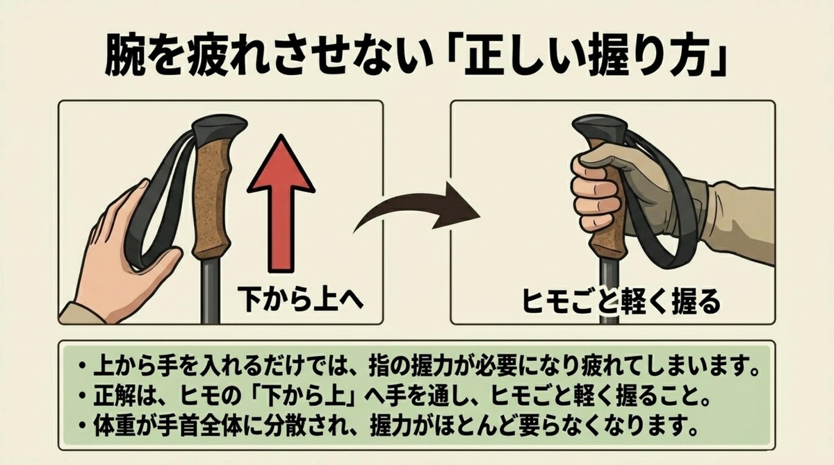 下から上へヒモごと軽く握る、腕を疲れさせない正しい握り方 [cite: 42, 43, 44]