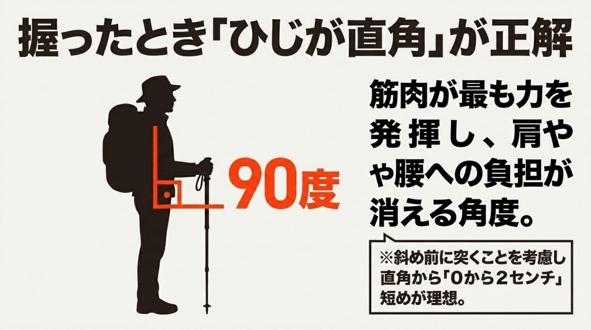 理想の長さは「肘が直角」 トレッキングポールを握った際に肘が直角になる理想の姿勢