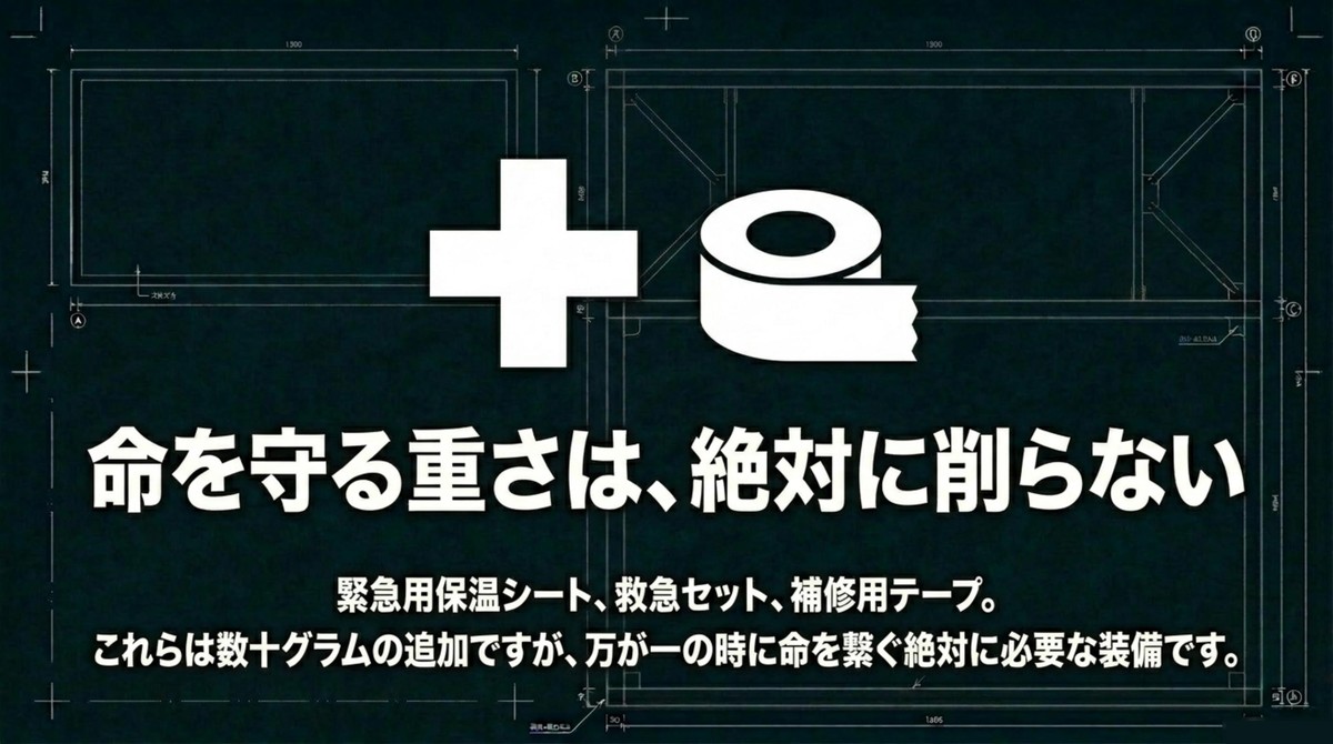命を守る重さは、絶対に削らない。緊急用保温シート、救急セットなど。 [cite: 125, 126]