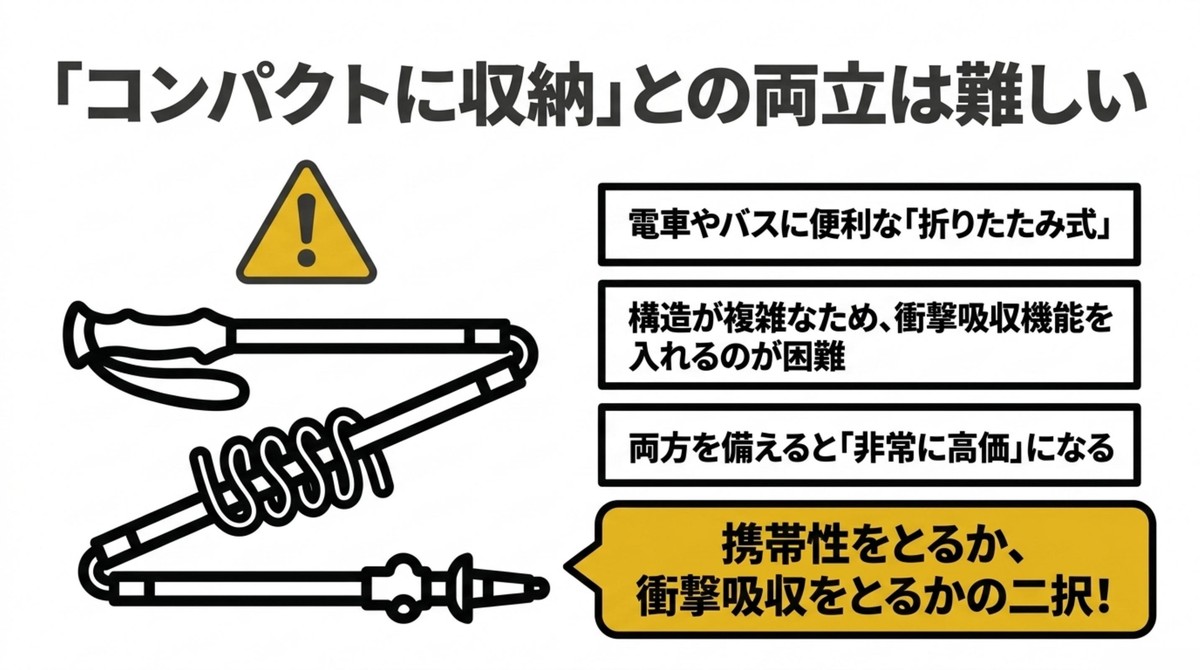 折りたたみ式は構造が複雑なため衝撃吸収機能を入れるのが困難であり、両方備えると非常に高価になる