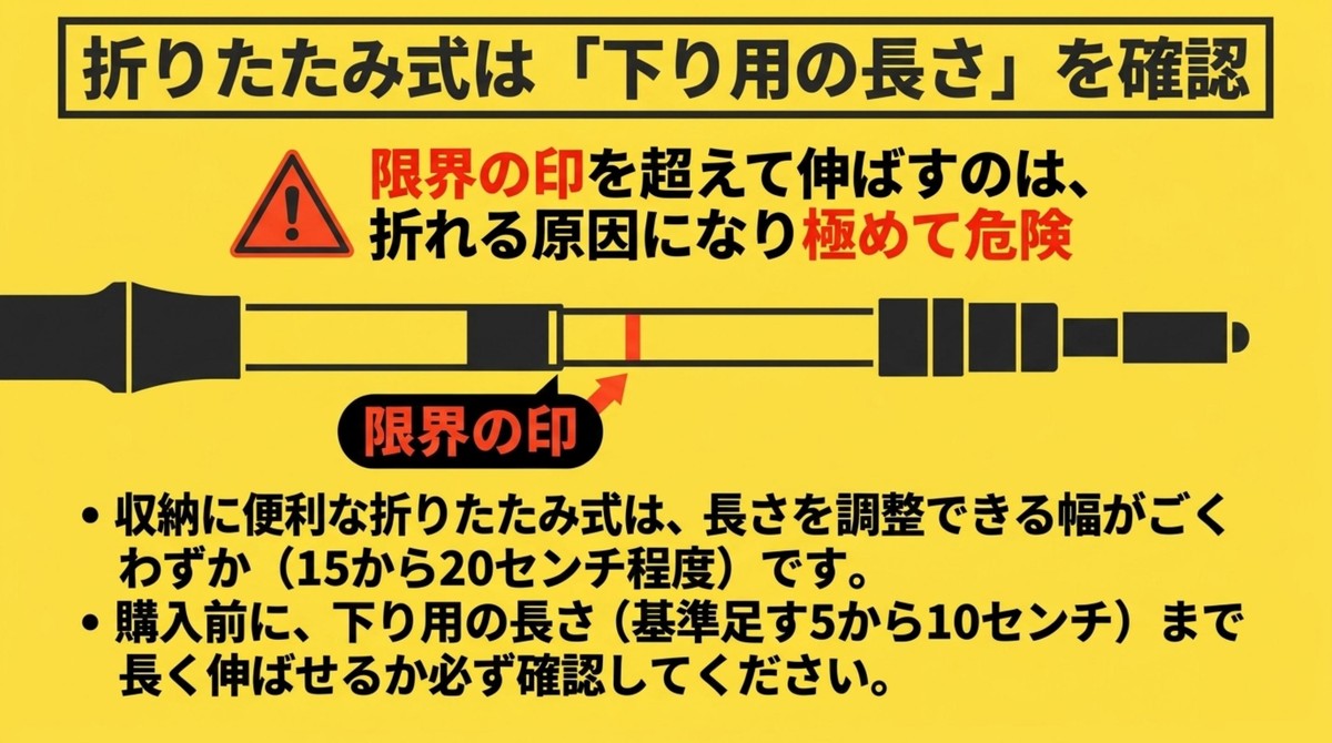 折りたたみ式は「限界の印」に要注意 折りたたみ式ポールの限界の印を超えて伸ばす危険性の注意喚起