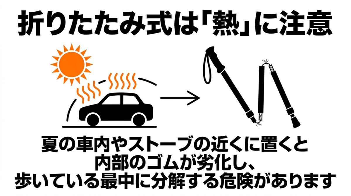 夏の車内やストーブの近くにポールを放置すると内部のゴムが劣化して歩行中に分解する危険を示すイラスト