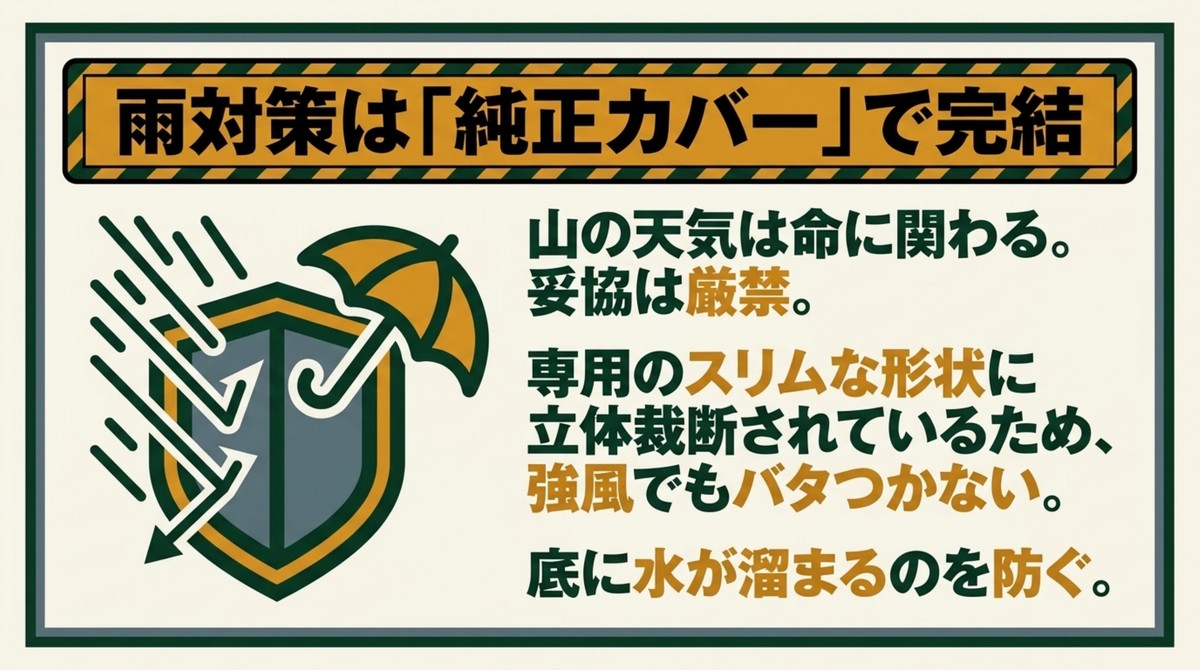 雨対策は「純正カバー」で完結 強風でもバタつかず、底に水が溜まるのを防ぐ立体裁断の専用レインカバー