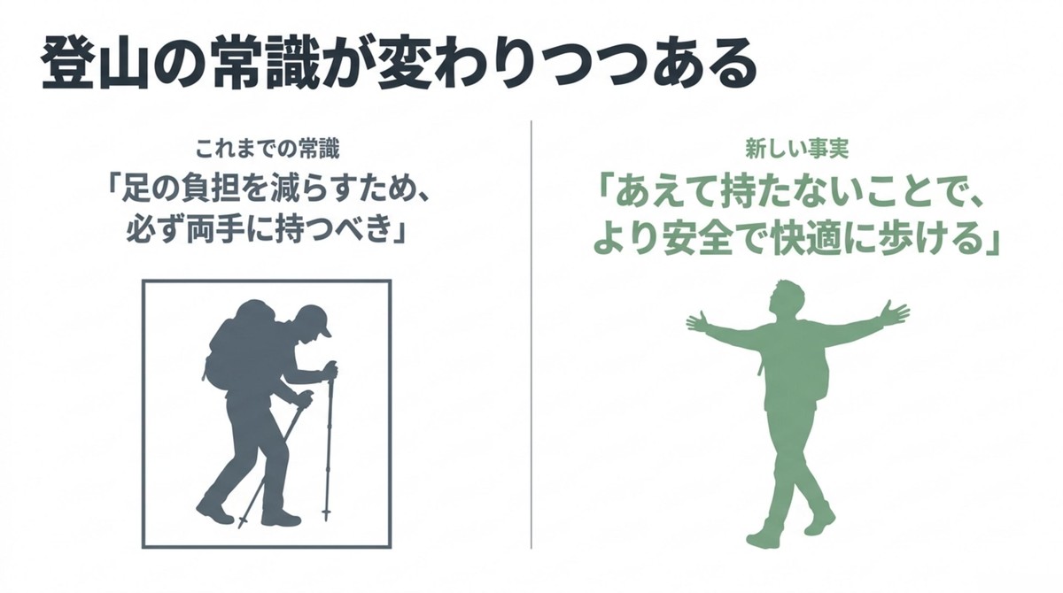 トレッキングポールを持つ登山者と両手を広げて歩く登山者のシルエット [cite: 5, 6]