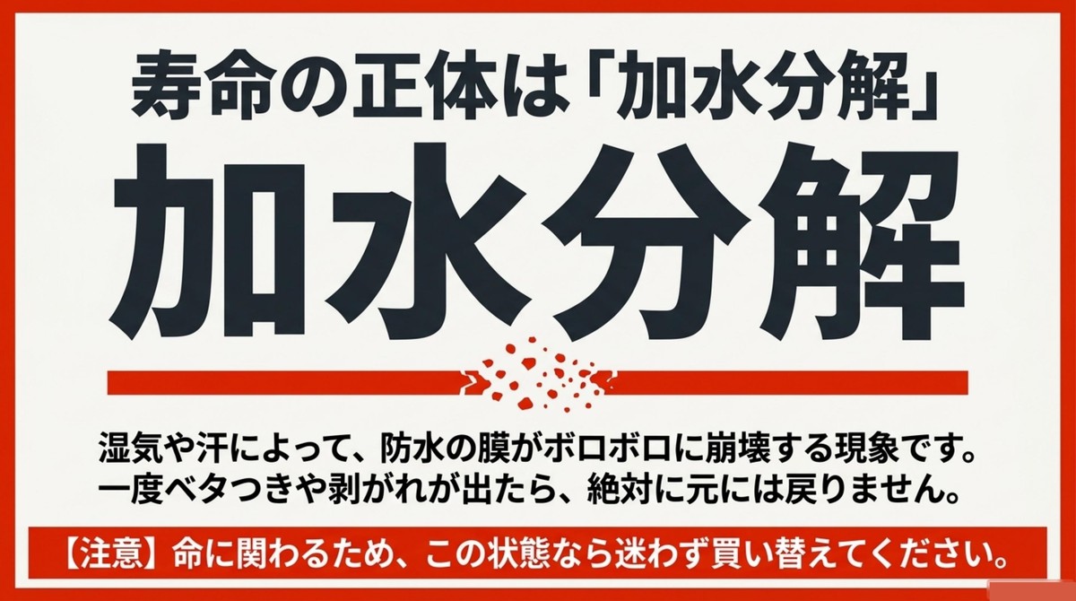 湿気や汗で防水の膜が崩壊する加水分解の解説